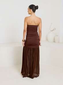 AiiRZ 抹胸褶饰长款连衣裙，侧开衩镂空晚会礼服，飘逸正式及地长款婚礼宾客春夏秋季