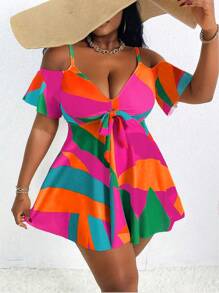Slaydiva Set di costumi da bagno estivi per donne taglie forti, con spalline a nastro, spalle scoperte, arricciature e pantaloni a vita alta