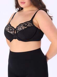 SHEIN 1pc Women Plus Size Lace Patchwork Underwire Bra - Black - View 3