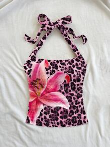 Soleia Women's Vacation Halter Leopard & Floral Pattern Knit Texture Bodycon Tank Top, Suitable For Summer - Multicolor - View 5