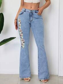 SHEIN SXY Casual Cute Embroidered Women's Flared Jeans - Blue - View 1