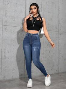 SHEIN PETITE Jeans casual di moda da donna, vita alta, slim fit