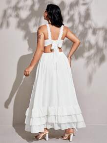 Flirla Große Größen Damen Urlaub V-Ausschnitt Spitzen Patchwork Ausgeschnittene Taille Rock Mehrstufiges Rüschen Chiffon Kleid - Aprikosenfarben - Übersicht 2