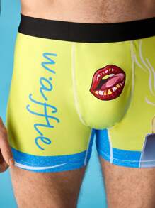 Notgurli Nouveauté, drôle, caleçons boxers mi-taille pour jeunes hommes à motif de lèvres jaunes et gaufres, style décontracté et bandes dessinées - Jaune citron - Voir 6