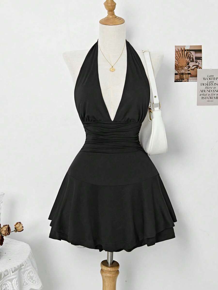 Elamini 女士深 V 领低胸短裙，修身，春夏 - 黑色 - 查看 1