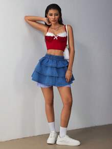 SHEIN EZwear Women's Elastic Waist Multi-Layered Ruffle Hem Denim Skort - Blue - View 4