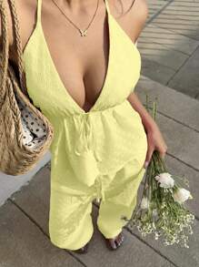 SHEIN Unity Vacation Embroidered Spaghetti Strap Jumpsuit - Yellow - View 6