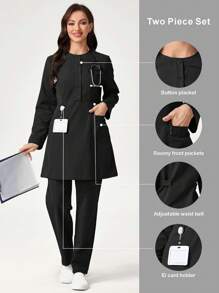 TaskEZ Solid Color Button Front Long Sleeve Pocket Top And Pants Scrub Scrub Uniform Set - Black - View 1