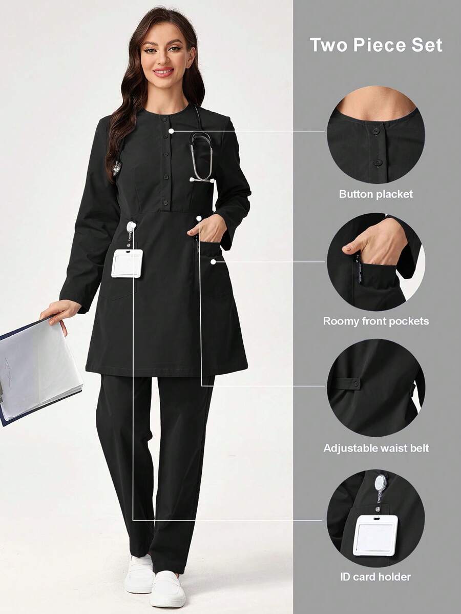 TaskEZ Solid Color Button Front Long Sleeve Pocket Top And Pants Scrub Scrub Uniform Set - Black - View 1