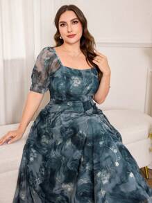 Modelyn Women's Square Collar Bubble Princess Short Sleeve Waist Cinched A-Line Dress, Plus Size Mesh Panel, Embroidered, Tie-Dye Tie Dye, Slimming, Elegant & Romantic Fashion Plus Size