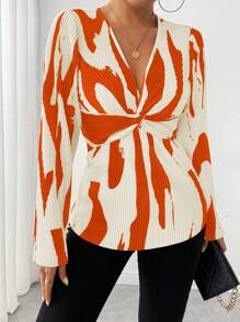 Chiquease 时尚通勤拼色扭褶印花衬衫（不对称印花） - 橘色 - 查看 5