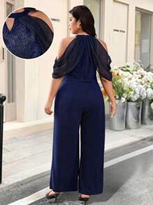 Celure Plus Size Lace Patchwork Shoulder Strap With V-Neck Hollow-Out Casual Jumpsuit For Outdoor, Party, Vacation - Navy Blue - View 2