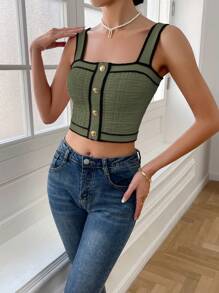 SHEIN Privé Women's Casual Sleeveless Knit Crop Top With Contrast Trim And Button Details - Army Green - View 6