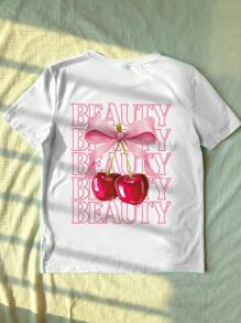 SHEIN EZwear Minimalist Casual Cherry Bow & Letter Print Short Sleeve T-Shirt For Women, Suitable For Summer