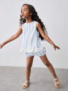 Maija Kids Maija Kids Set informal de 2 piezas con camisa holgada con decoración de mariposa y shorts para niña