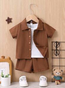 SHEIN Vintaside Kids 2 pièces Ensemble Casual pour Bébé Garçon, Chemise à Manches Courtes Col Chemise et Short à Taille Élastique, Été, 3 Mois - 3 Ans