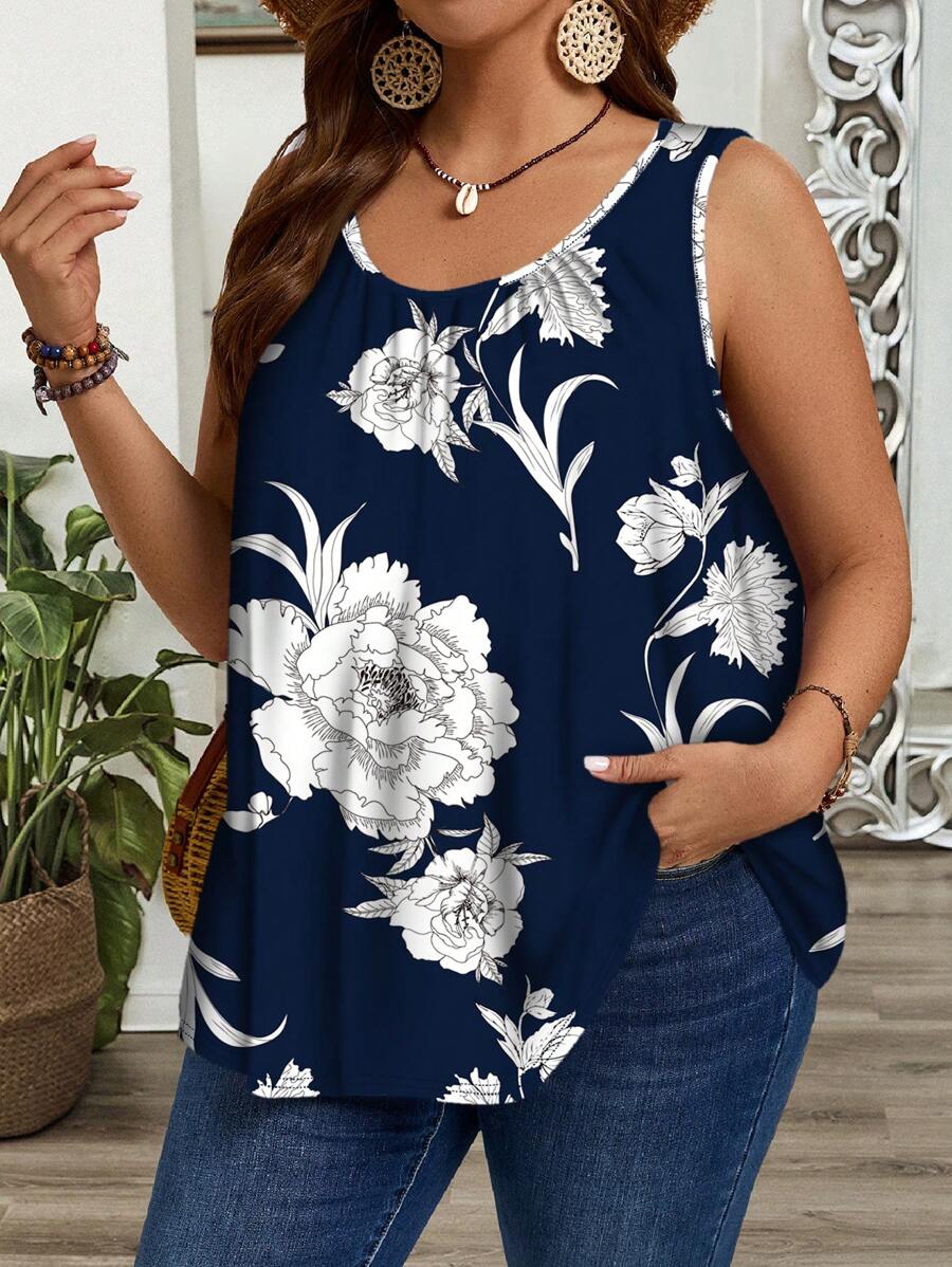 EMERY ROSE 大码女式休闲圆领粗肩带宽松吊带背心和束腰上衣，适合夏季、度假装女士，简约时尚，适合日常穿着 - 彩色 - 查看 1