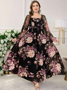 Modelyn 大码女式时尚浪漫高领网眼花卉印花灯笼袖连衣裙