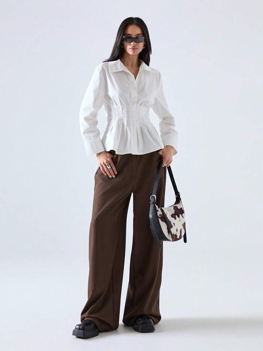 LYSMO Women's Three-Quarter Sleeve Waist Pleated Shirt - Spring/Summer - White - View 1