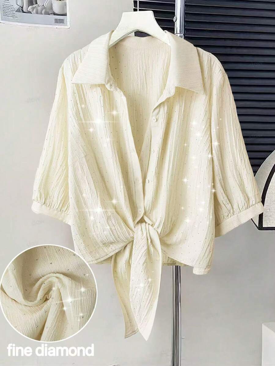 Calvaya Women Plus Size 3/4 Sleeve Tie-Knot Rhinestone Decoration Blouse - Apricot - View 1