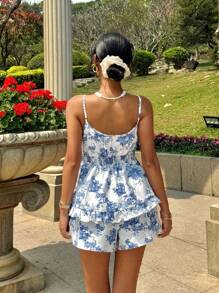 SHEIN EZwear 女式花卉印花荷叶边下摆吊带背心，度假风格 - 彩色 - 查看 2