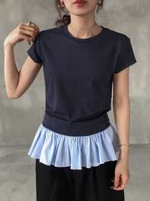FRIFUL Women Striped Y2K Tight Fitted Raglan Sleeve Contrast Color Ruffle Hem T-Shirt Top - Blue - View 5