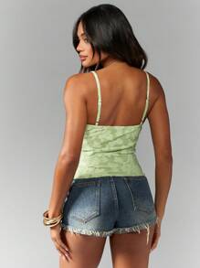 MISSGUIDED Atasan Cami Bertekstur Bunga Musim Panas dengan Tali Bahu Tipis, Model Crop Tank untuk Liburan Pantai, Klub, Pesta, Festival, Leher Persegi, Potongan Ramping, Warna Pastel, Mode Musim Semi - Hijau - View 2