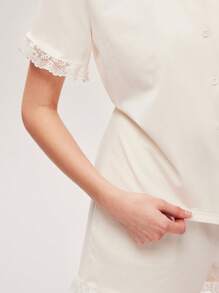 LUVLETTE 白色柔软棉质荷叶边蕾丝纽扣短裤透气女士睡衣套装，带口袋内衣裤，新娘贴身内衣套装 - 白色 - 查看 8