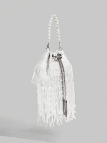 SHECARRY 女士优雅经典百搭白色亮片珠子长流苏珍珠手柄手提包 - 白色 - 查看 4