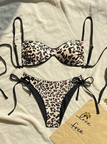 Swim Vcay Leopard Print V-Neck Sleeveless Sexy Regular Fit One Piece Spaghetti Strap Bikini Set With Side Tie Tankini Swim Bottom Spaghetti Strap Bikini Set, All-Season For Summer Beach Vacation