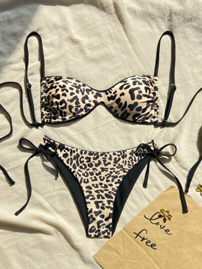 Swim Vcay Leopard Print V-Neck Sleeveless Sexy Regular Fit One Piece Spaghetti Strap Bikini Set With Side Tie Tankini Swim Bottom Spaghetti Strap Bikini Set, All-Season For Summer Beach Vacation