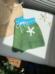 SHEIN EZwear Shorts a maglia, in stile vacanza al mare, con design traforato e vita bassa a contrasto di colore