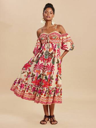 Travachic 女士棕榈树印花露肩时尚连衣裙，适合海滩度假