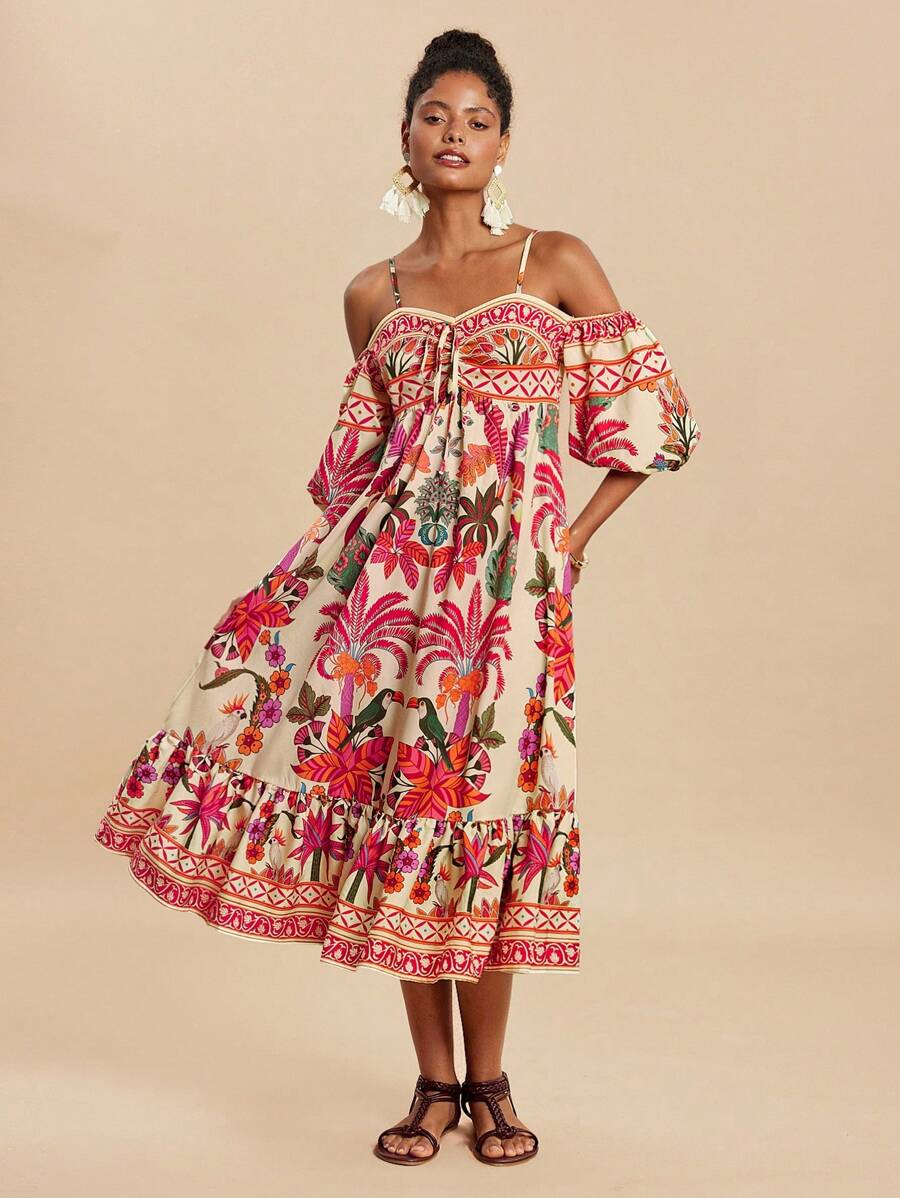 Travachic Women's Palm Tree Print Off Shoulder Fashion Dress For Beach Vacation,Summer Dresses For Women - Orange - View 1