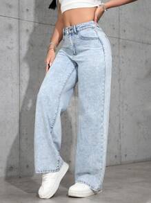 SHEIN PETITE Casual Washed Loose Straight Leg Jeans