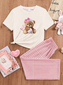 SHEIN 青少年女孩休闲简约圆领短袖休闲套装，适合夏季 - 彩色 - 查看 3