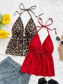 Soleia Set de 2 piezas Camiseta de tirantes con estampado de leopardo sexy para vacaciones, Blusa de cuello en V y espalda descubierta de tela texturizada roja para citas, té por la tarde, vacaciones, festivales de música, estilo bohemio