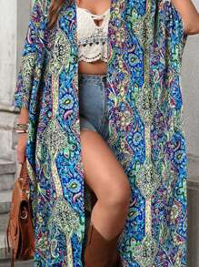 SHEIN LUNE 大码长款复古印花休闲夏季沙滩罩衫 - 藍色 - 查看 7