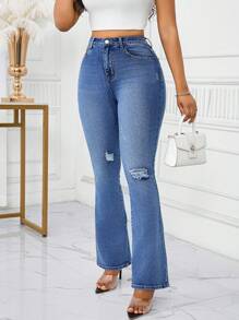 SHEIN Lady Damen Casual Skinny Distressed Flare Jeans, Blaue hohe Taille Jeans Damen Jeans hohe Taille Petite Jeans für Damen Plus Jeans für Damen Jeans Damen hohe Taille Sommerhose hohe Taille Jeans Flare Jeans Büro-Outfits für Damen Arbeitskleidung Damen Festival-Outfits für Damen Flare Jeans Business-Kleidung Damen Europäischer Sommer