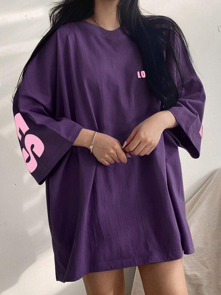 Women's Letter Print Round Neck Drop Shoulder Loose Casual Versatile T-Shirt Oversized T-Shirt Long Sleeve