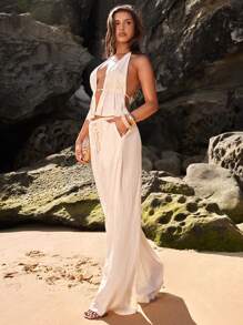 SHEIN BAE Set di top con collo alto alla schiena scoperta e pantaloni lunghi, colore unito, ideale per vacanze in spiaggia
