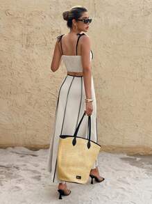 SHEIN Frenchy Bộ đồ hai mảnh màu mơ thường ngày dành cho nữ, áo hai dây và váy, mặc hàng ngày, đồ mặc đi làm, trang phục mùa hè cho nữ, bộ đồ hai mảnh dành cho nữ, bộ đồ 2 mảnh, trang phục đi nghỉ cho nữ, trang phục đi biển cho nữ, bộ quần áo cho nữ, trang phục đi nghỉ trên đảo - Màu be - Xem 2