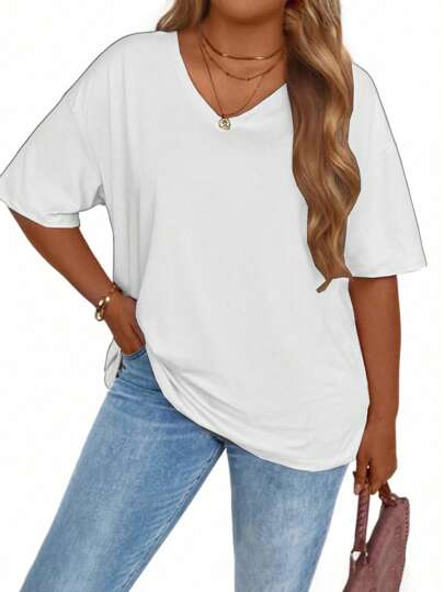 EMERY ROSE 大码纯色半袖 T 恤，夏季休闲 V 领 T 恤，女士大码服装图案 T 恤女式上衣