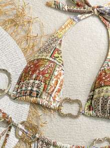 Soleia Women's Vacation Colorful Vintage Print Metal Decor Halter Back Tie Bikini Set - Multicolor - View 6