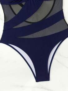 Swim Lushoire 1 件纯色无线肩带优雅露背连体泳衣，海军蓝，带网眼面板 - 藏蓝色 - 查看 5