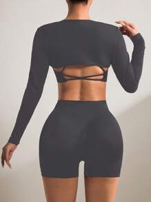 SHEIN Sports 3pcs Women's Seamless Sports Set: Long Sleeve Cropped Camisole, Short Top And Shorts - Dark Grey - View 2
