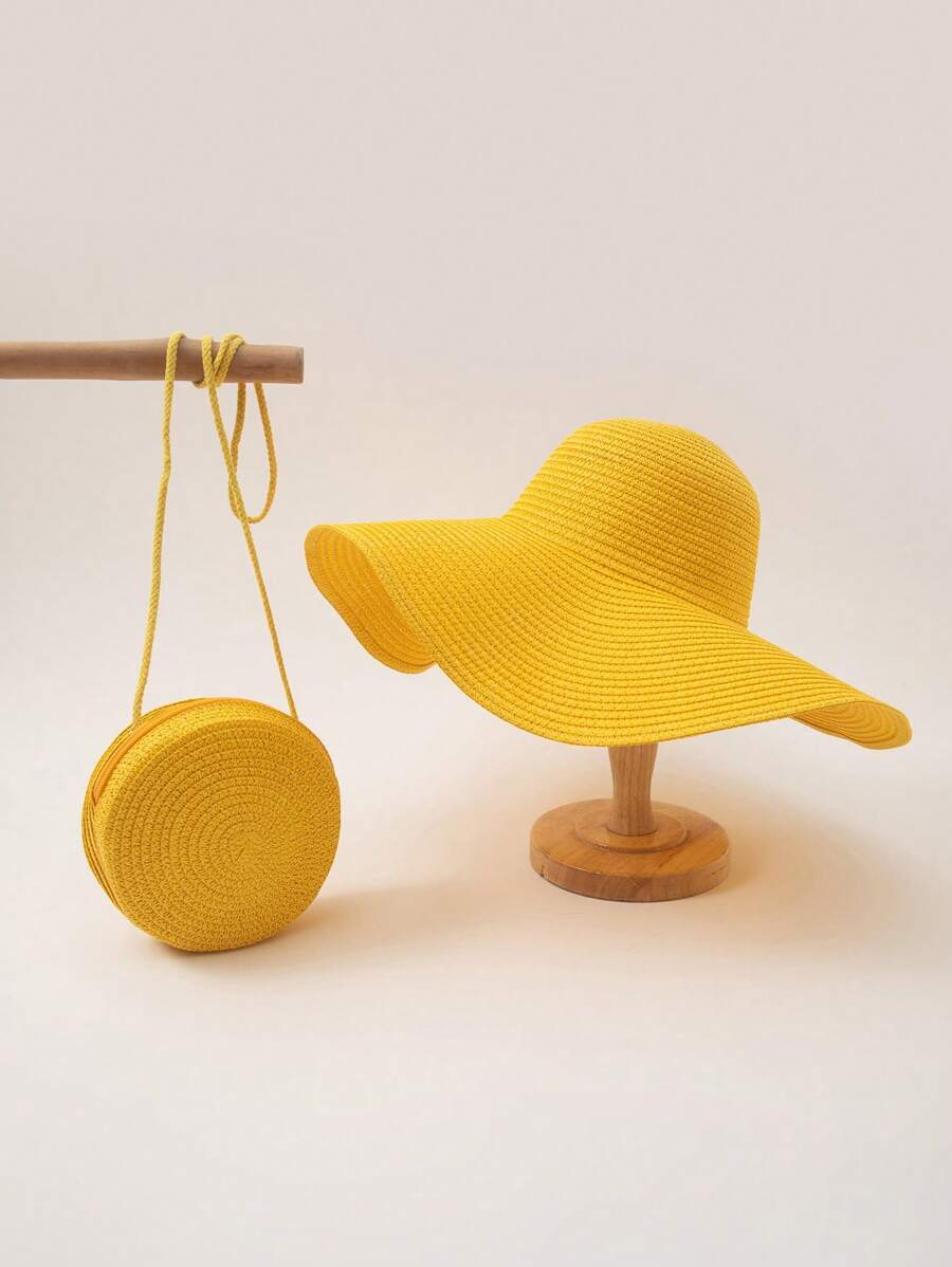 2件套女士宽边草帽和沙滩包套装 - 黃色 - 查看 1