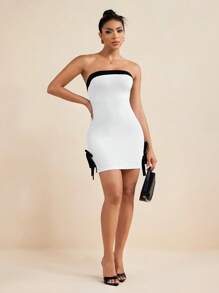 LUNA B White Black Contrast Color Bow Detail Strapless Mini Dress Women Sexy Summer Vacation Sundress Dresses For Women Elegant Women Mini Dresses