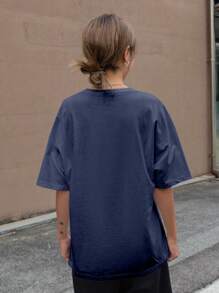 DAZY Women's Casual Loose Design Patchwork Short Sleeve T-Shirt, Summer Oversized T-Shirt - Navy Blue - View 2