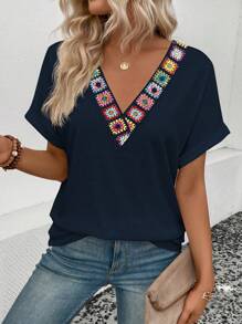 SHEIN LUNE 女式休闲拼布丝带V领短袖T恤，夏季 - 藏蓝色 - 查看 6